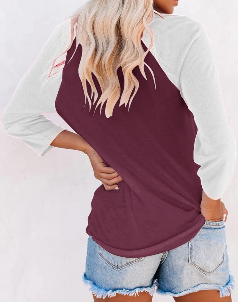 Bingerlily Women's Casual T-Shirts 3/4 Sleeve Color Block Cute Tops Comfy Blouses (Wine Red, XX-Large) - Image 3